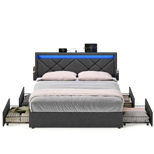 VASAGLE Polsterbett 180x200 cm mit LED und Schubladen - Das VASAGLE Polsterbett vereint Komfort und Funktionalität. Ausgestattet mit LED-Beleuchtung, praktischen Ladeanschlüssen und 4 Schubladen bietet es optimalen Stauraum für Ihr Schlafzimmer.