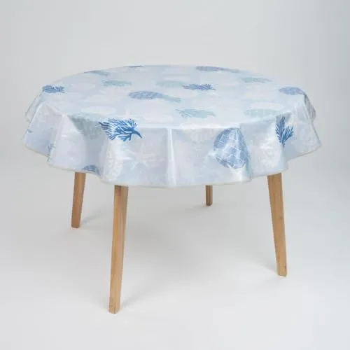 laro 140cm runde Wachstuch Tischdecke abwaschbar Wachstuchtischdecke mit Saum-Eingefasst-Paspelband, Muster:Strand Muschel Koralle Blau, Größe: Rund 140cm