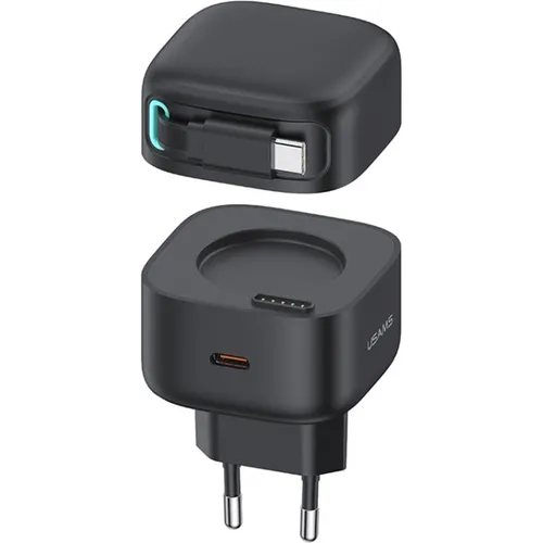 Usams USB Ladegerät 1xUSB-C mit Rückziehbarem Kabel - USB Ladegerät mit 35W Gan Fast Charging, ideal für schnelles Aufladen von Geräten unterwegs.