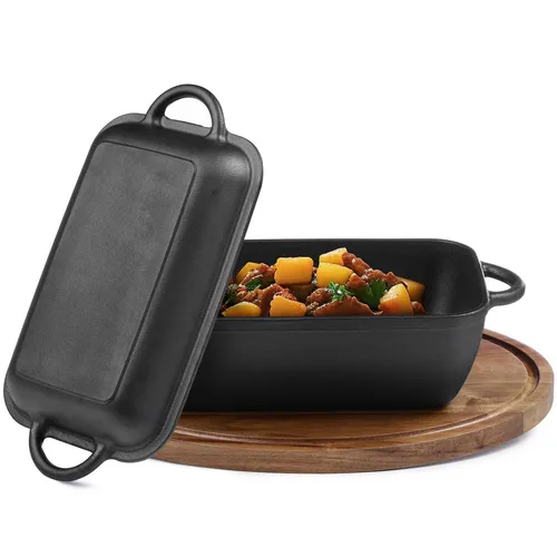 Navaris Dutch Oven - Rechteckiger Gusseisen Topf mit Deckel für vielseitige Kochmöglichkeiten - Kasserollen für alle Herdarten: Ideal zum Kochen, Brotbacken und BBQ, mit exzellenter Wärmeverteilung für perfekt gegarte Speisen.