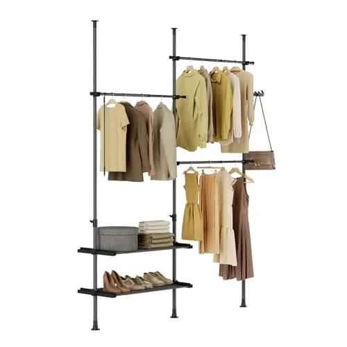 SoBuy Teleskop Garderoben System mit 3 Kleiderstangen und Körben - Kleiderständer mit stufenlos verstellbarer Höhe (200-285 cm) und 3 Ablagen für optimalen Stauraum. Schneller Auf- und Abbau, ideal für jede Wohnsituation.