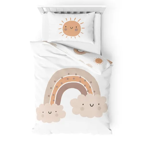 Baby/Kinder Bettwäsche in Flanell 40x60 100x135 - Sonne, Wolke & Regenbogen - Bettwäschegarnitur für Kinder im Boho-Stil, aus 100% Baumwolle, 60° waschbar und trocknergeeignet, ideal für ein gemütliches Kinderschlafzimmer.