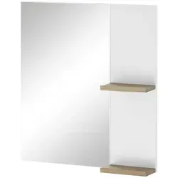 Furn.Design Badezimmer Spiegel Dense mit Ablage - Moderner Badspiegel in weiß Lack Hochglanz mit 2 Ablageböden in Eiche Dekor, pflegeleicht und nachhaltig aus FSC®-zertifiziertem Holzwerkstoff, ideal für stilvolle Badezimmer.