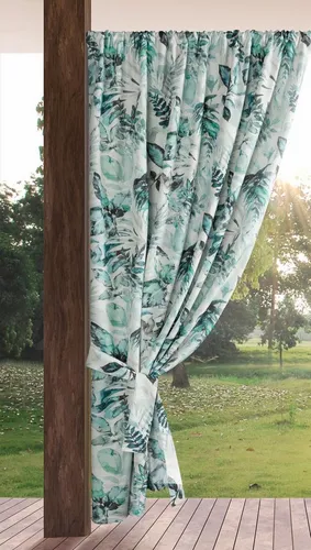 Eurofirany Garden Outdoorvorhang - 155x200 cm, Grüner Aufdruck - Wetterfester Outdoorvorhang für Terrasse oder Pavillon, schützt vor UV-Strahlung, Wind und neugierigen Blicken. Pflegeleicht und waschbar, ideal für jedes Wetter!