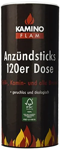 Kamino-Flam Anzündsticks - 120 Anzünder in handlichen Dose - Feuersticks brennen 5-6 Minuten - Anzündscheit für Grill / Kamin / Ofen - Anzündbrikettsticks geruchlos & ökologisch - Kaminanzünder
