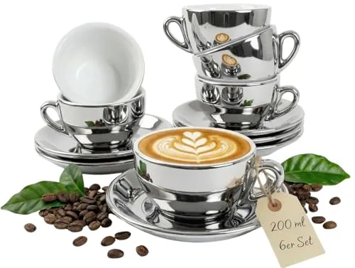 MUVELL Cappuccinotasse Set "BARI" 6-tlg. 200ml - Elegantes 6er Set Cappuccinotassen mit Untertassen, ideal für Kaffeeliebhaber. Die robusten Tassen aus Keramik überzeugen durch ihr edles Design und sind perfekt für besondere Anlässe oder den täglichen Genuss.