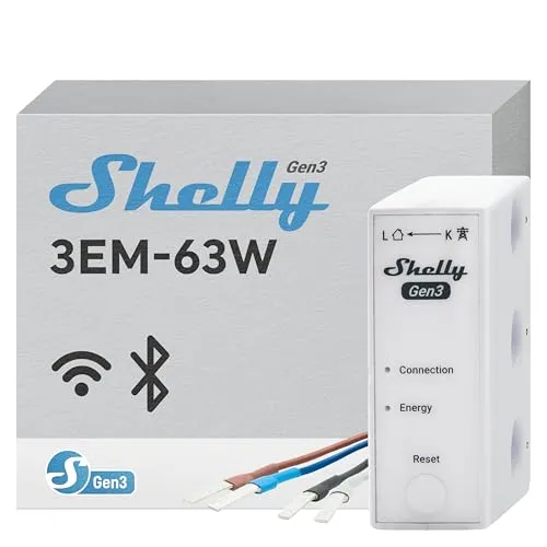 Shelly 3EM-63W Gen3 Energiemesser - PV-kompatibel - Steckdosen & Zubehör: Präzise 4-Quadranten-Messung für exakte Energiemessung und flexible Installation auf DIN-Schienen. Ideal für die Überwachung von Photovoltaikanlagen.