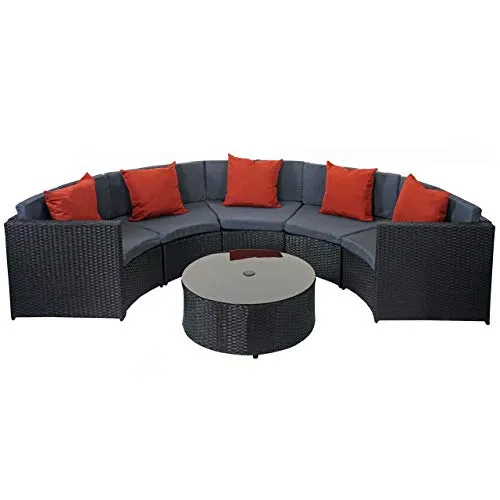 Poly-Rattan Garnitur rund HWC-E17 - Garten-Set Sitzgruppe schwarz mit terracotta Kissen - Gartenmöbel-Set mit 5 Sitzplätzen und pflegeleichtem Poly-Rattan, inklusive wasserabweisenden Kissen und Tisch mit Sonnenschirm-Aussparung für entspannte Stunden im Freien.