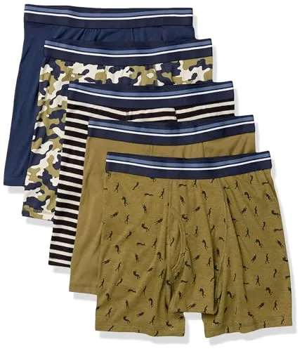 Amazon Essentials Herren Atmungsaktive Boxershorts aus Baumwolle, ohne Etikett, 5er-Pack, Armeegrün/Dunkelblau/Krieger/Schwarz Weiß Streifen/Tarnmuster, S