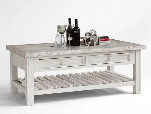 Couchtisch OPUS Kiefer massiv im vintage Used Look - Couchtisch OPUS aus recyceltem Kiefernholz im modernen Landhausstil, einzigartiges Unikat mit praktischen Schubkästen und charakteristischer Optik.