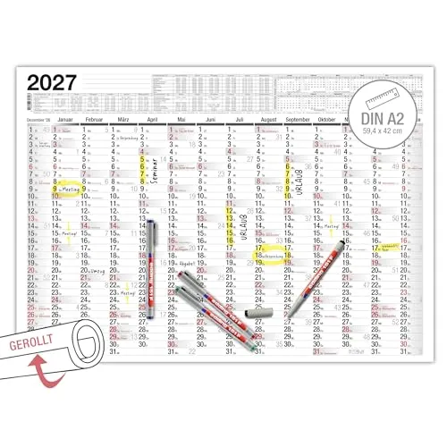 TOBJA® DIN A2 Wandkalender 2027 Abwischbar Gerollt mit 4 Stiften - Beschichteter Jahreskalender 14 Monate Feucht Abwischbar | Jahreskalender mit Ferien 2027 | 250g/m² Papier