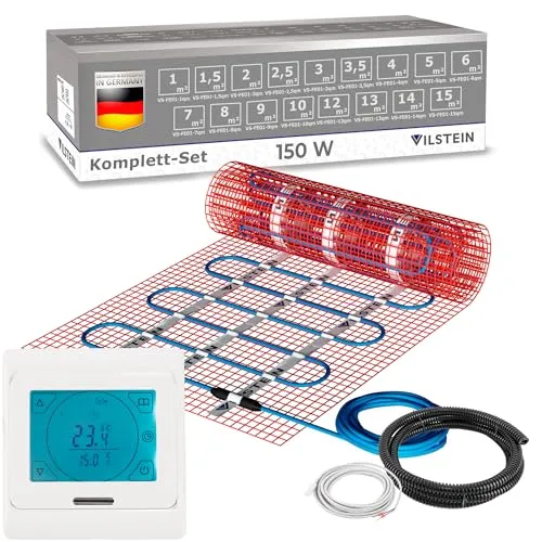 VILSTEIN® Elektrische Fußbodenheizung 150W/m² - Vielseitige Heizmatte für Laminat & Fliesen - Entdecken Sie die IP67-geschützte Elektro-Fußbodenheizung mit flexibler Anwendung für nahezu alle Bodenarten. Energieeffizient, dünn und einfach zu verlegen, ideal für Bad und Wohnbereiche.