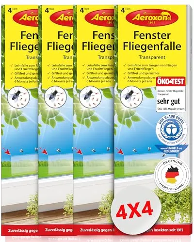 Aeroxon Fliegenfalle Fenster 16 Stück – Transparente Klebestreifen für effektive Fliegenabwehr - Effiziente Fliegenabwehr mit Aeroxon: Die transparenten Klebestreifen werden einfach am Fenster angebracht und bieten eine hygienische Lösung gegen Fliegen im Innenbereich. Das 16er Set sorgt für langanhaltenden Schutz ohne Chemie.