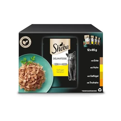 Sheba Katzenfutter 85g Delikatesse Gelee Geflügel Variation 48 x - Nassfutter für Katzen, ideal für Erwachsene. Mit köstlicher Mischung aus Ente, Huhn und Truthahn, sorgt für ein schmackhaftes Fresserlebnis.