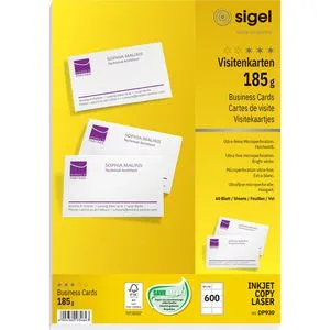 Sigel DP930 Visitenkarten 85x55 mm - Hochweiße Visitenkarten, 600 Stück auf 60 DIN A4 Bögen, perfekt bedruckbar für Kopierer und Drucker. Extra feine Perforation für exakte Kanten und einfaches Abtrennen.