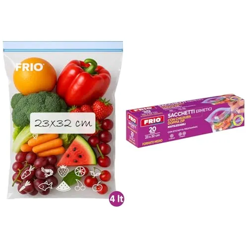 FRIO – 20 Gefrierbeutel 4L (Größe M: 23x32 cm), wiederverwendbar & luftdicht mit Reißverschluss – Zip-Beutel zur Aufbewahrung von Lebensmitteln, beschriftbar & BPA-frei