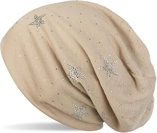 styleBREAKER Beanie Mütze mit Strass Sterne und All Over Strasssteine, Slouch Longbeanie, Damen 04024116, Beige