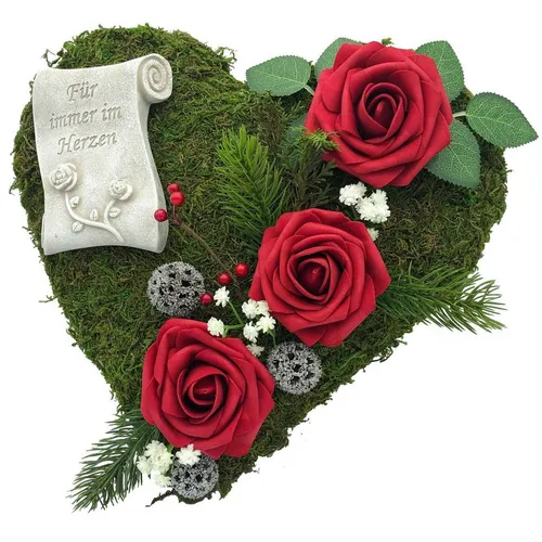 Radami Gartenfigur Grabgesteck Grabherz - Für immer im Herzen mit 3 roten Rosen, 30cm - Schleich Gartenfigur Grabgesteck, liebevolles Grabherz mit 3 roten Rosen für eine einfühlsame Erinnerung an Verstorbene.