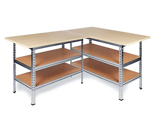 Werkstatt Ecklösung Sparfuchs Basic Werkbank - Metall-Werkbank in grau, Maße 180 x 120 x 92 cm, bis 320 kg belastbar, mit 2 höhenverstellbaren Ablageflächen