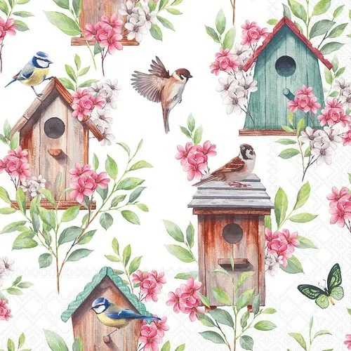 Servietten Wooden Birdhouses Vogelhäuser Vögel Blumen Garten Holz 33x33cm 20