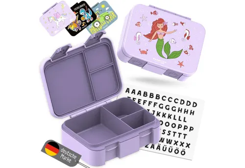 BEARFOOT Lunchbox Brotdose mit Fächern, auslaufsicher - Meerjungfrau lila, PP, ABS, Silikon, Kindergarten und Schule - Mädchen und Jungen, Vesperbox, Snackbox
