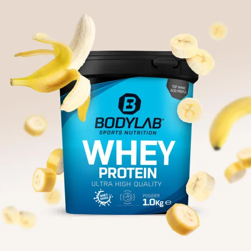 Bodylab24 Whey Protein Pulver, Banane, 1kg - Molkenproteine mit bis zu 80% Eiweiß, ideal zum Muskelaufbau nach dem Training. Perfekte Löslichkeit in Milch und Wasser, ohne Aspartam und künstliche Konservierungsstoffe.