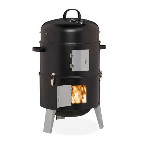 Relaxdays Holzkohlegrill Räuchertonne und Smoker - 3in1 Grill, Räuchern und Garen mit integriertem Thermometer und Wasser-Schale