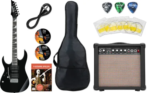 Ibanez Gio GRG170DXL Black Night Starter Set - RG Gio-Serie E-Gitarre mit Pappel-Korpus und HSH-Tonabnehmer, inklusive Verstärker und Zubehör – ideal für Einsteiger und Musiker auf der Suche nach einem kompletten Set.