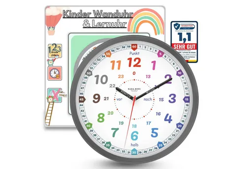 Lernuhr Kinder 25cm Lautlos – Ideal zum Uhrzeit Lesen Lernen - Uhren & Wecker - Diese moderne Lernuhr für Kinder ist geräuschlos und unterstützt beim Erlernen der Uhrzeit. Perfekt als Geschenk zur Einschulung!