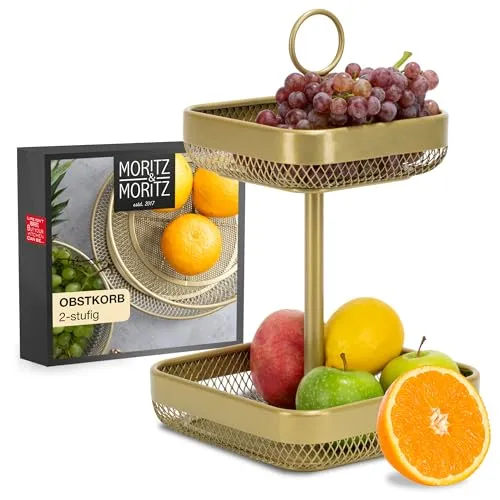 Moritz & Moritz Obst Etagere Gold Metall - Elegante 2-stöckige Obstschale - Obstschalen - Hochwertige 2-stöckige Etagere aus pulverbeschichtetem Metall mit praktischem Tragegriff und inklusive 4 in 1 Zitrusschäler für vielseitige Nutzung in der Küche.