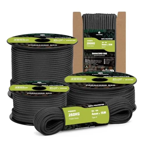 Kamu Synber Paracord 550 Typ III 4mm 10m 7 Stränge Schnur 100% Polyester Seil für Basteln, Outdoor, Survival | Tragkraft 250kg | Schwarz