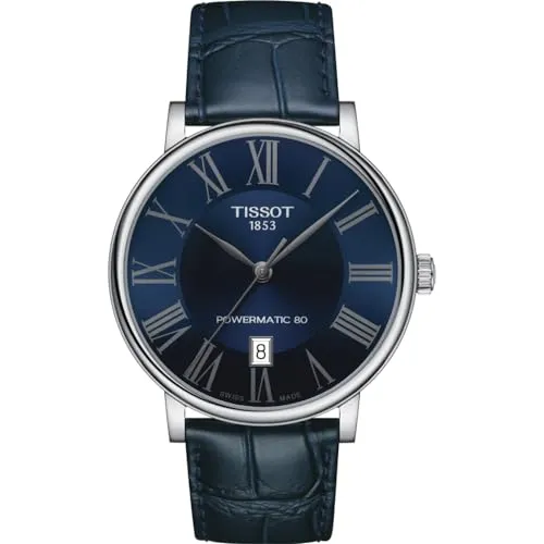 Tissot Herren Carson 40mm Automatische Armbanduhr - Armbanduhren mit elegantem blauen Zifferblatt und kratzfestem Saphirglas, 50 m wasserdicht und made in Switzerland – ideal für stilvolle Herren.