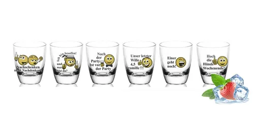Sendez Schnapsglas 6 Schnapsgläser mit Sprüchen Shots Stamper Wodkagläser Barrel, 6-tlg., Glas