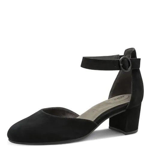Tamaris Comfort Damen Pumps mit Riemen aus Leder – Elegant in Schwarz (Black Suede), Größe 39 EU - Elegante Pumps aus hochwertigem Leder für stilvolle Anlässe. Die standardmäßige Mehrweite sorgt für hohen Tragekomfort und Bewegungsfreiheit. Ideal für jeden Tag!