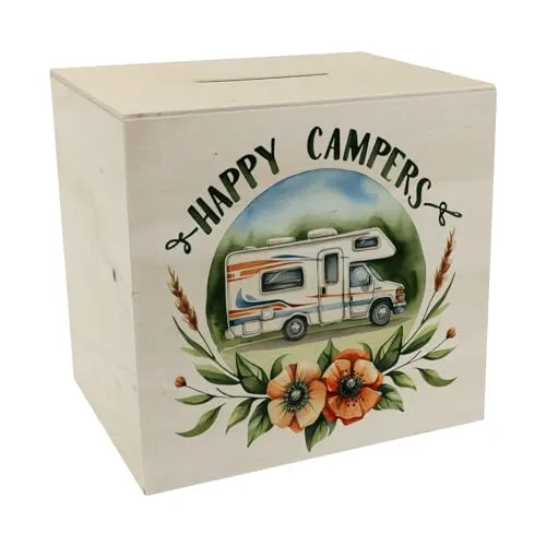 Wohnmobil Happy Campers Spardose aus Holz Hintergrund Natur glücklich draußen im Fahrzeug perfekte Geschenkidee für Camper