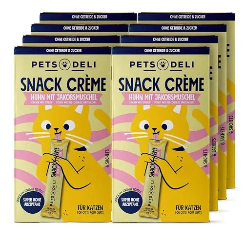 Pets Deli Cremesnack Katzen Snack Multipack Huhn & Jakobsmuschel, Topping & Belohnung, für wählerische Katzen, getreidefrei, ohne Zucker, 8x90g, Premium Qualität