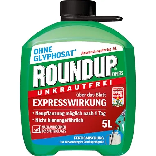 Roundup Unkrautfrei Express 5L - Schnelle Unkrautbekämpfung - Unkrautvernichter für Garten und Wege, wirkt schnell und bienengefährlich. Ideal zur Bekämpfung von einjährigen Unkräutern ohne Glyphosat.