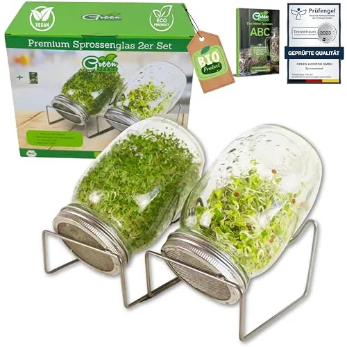 Green SEEDS Sprossenglas Keimglas 2er Set 1000ml mit hochwertigem Edelstahl-Gitterdeckel, Ständer + GRATIS Sprossen-ABC [Druckversion]