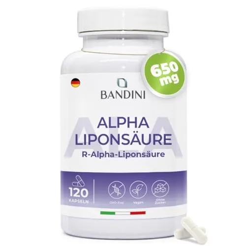 Bandini® Alpha-Liponsäure 650 mg Depot - 120 vegane Kapseln - Hochdosierte Alpha-Liponsäure für eine 4-monatige Versorgung. Unsere veganen Kapseln bieten eine hohe Bioverfügbarkeit und sind laborgeprüft. Ideal zur Unterstützung der täglichen Nährstoffaufnahme.