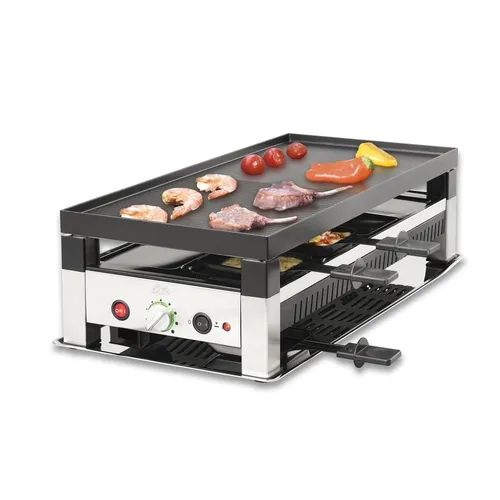 SOLIS OF SWITZERLAND Raclette Typ 791 - 8 Raclettepfännchen, 1400 W, 5in1: Raclette, Tischgrill, Crêpe, Mini Wok, Pizza, hochwertige Edelstahloberfläche und einfache Reinigung