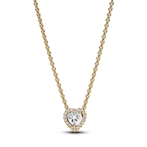 PANDORA Timeless Funkelndes Herz Collier-Halskette - Elegante Kette für Damen aus Sterling Silber mit vergoldeter Metalllegierung und funkelnden Zirkonia. Perfekt für festliche Anlässe und anpassbare Länge für individuellen Stil.