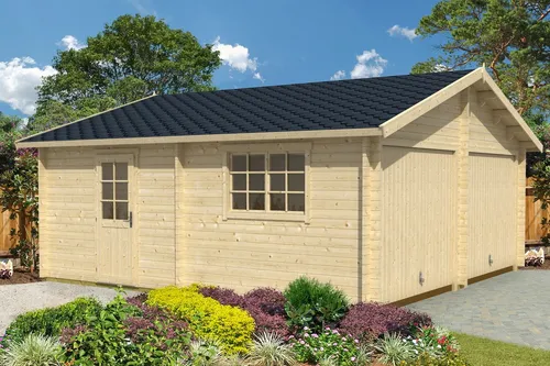 Lasita Garage Satteldach 44 mm Falkland mit Schwingtor 595x595 cm - Gartenhäuser & Carports: Robuste Blockbohlenkonstruktion mit abschließbarem Schwingtor und großzügiger Nutzfläche von 32.1 m².