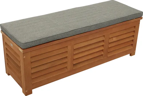 DEGAMO Auflagenbox MONZA – Eukalyptus geölt mit Sitzpolster - FSC®-zertifizierte Auflagenbox MONZA 128x42x43,5cm, ideal zur stilvollen Aufbewahrung von Kissen und Auflagen. Mit komfortablem Sitzpolster in Grau für zusätzlichen Komfort im Garten.