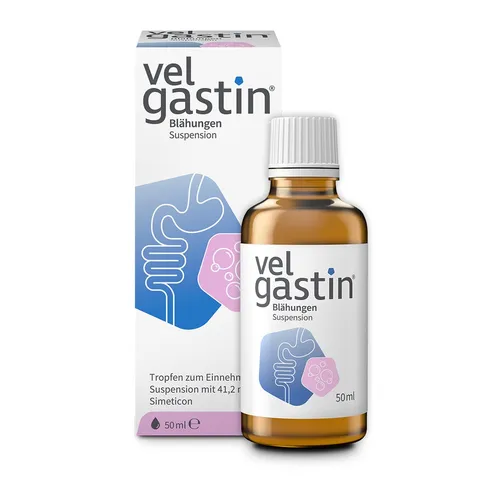 VELGASTIN Suspension zur Linderung von Blähungen 50 ml - Praktische Suspension zur Unterstützung bei Blähungen, einfach einzunehmen und ideal für unterwegs.