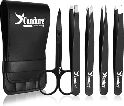 Candure Eyebrow Tweezers Set for Professionals (5Piece) – Stainless Steel Precision Tweezers for Ingrown Hair, Facial Hair, Splinter and Blackhead Remover (Schwarz - 5 Stück)