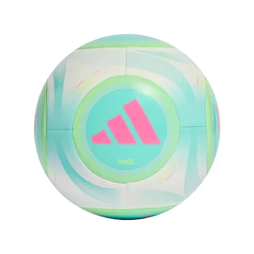 adidas Unisex Messi Club Ball, White/Flash Aqua/Halo Mint/Lucid Pink, 3 - Hochwertiger Fußball aus 100 % recyceltem TPU, maschinengenäht für Langlebigkeit und optimale Spielbarkeit. Ideal für Freizeit und Training.