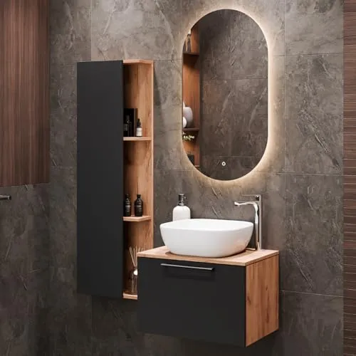 Planetmöbel Badmöbel-Set ASTRA - Modernes Badmöbel-Set mit Waschtisch, Waschbecken, Spiegel und Seitenschrank, ideal für stilvolle Badezimmergestaltung. Pflegeleicht und einfach zu montieren.