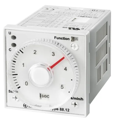 Finder Zeitrelais Multifunktion 88.12.0.230.0002 - Multifunktionales Zeitrelais 2W-5A für 24-230V AC/DC, ideal für flexible Steuerungslösungen in verschiedenen Anwendungen.