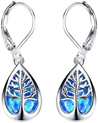 Sterling Silver Jewellery Exquisite Water Drop Blue White Fire Opal Life Tree Dangle Earrings For Women(blue) 925