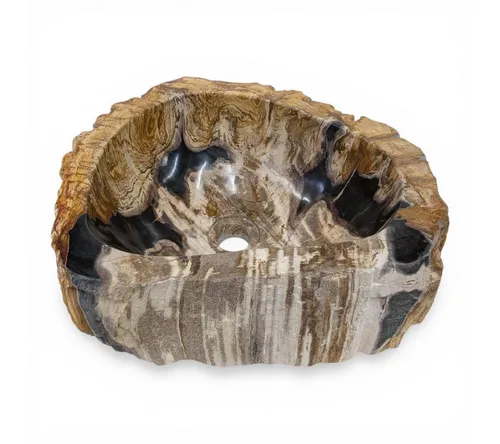 Kinaree Aufsatzwaschbecken Versteinertes Holz Waschbecken #4, poliert, Naturstein, Schwarz, Braun, Bruchstein Optik